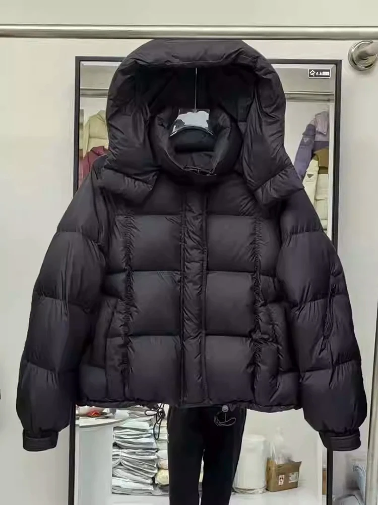 

Winter Loose Short Hooded Parker Down Jacket Women White Duck Down Puff Warm Jacket Female Zipper Pocket Fluffy Thicken Outwears
