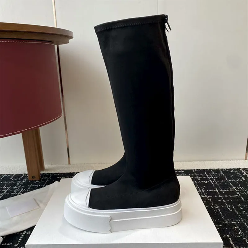 

New Knee High Boots Woman Round Toe Flat Platform Shoes Woman Khaki Coffee Black Stretch Boots Thick Sole Long Boots Women