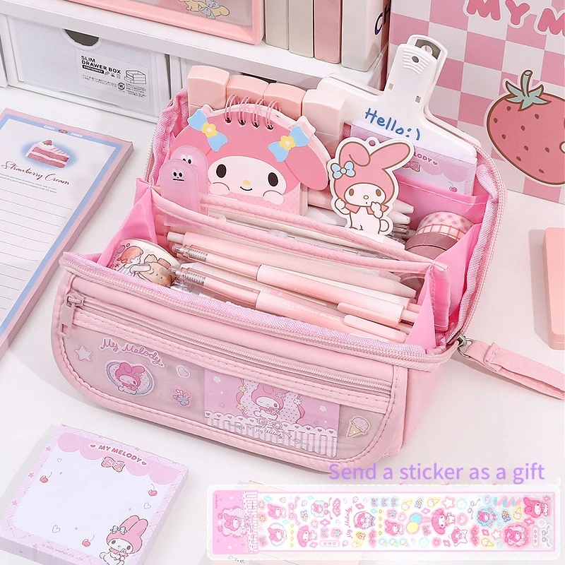 Sanrio Stationery for Junior High School Cute Cinnamoroll Kuromi Pencil Case Students Large Capacity Storage Gift Same Sticker