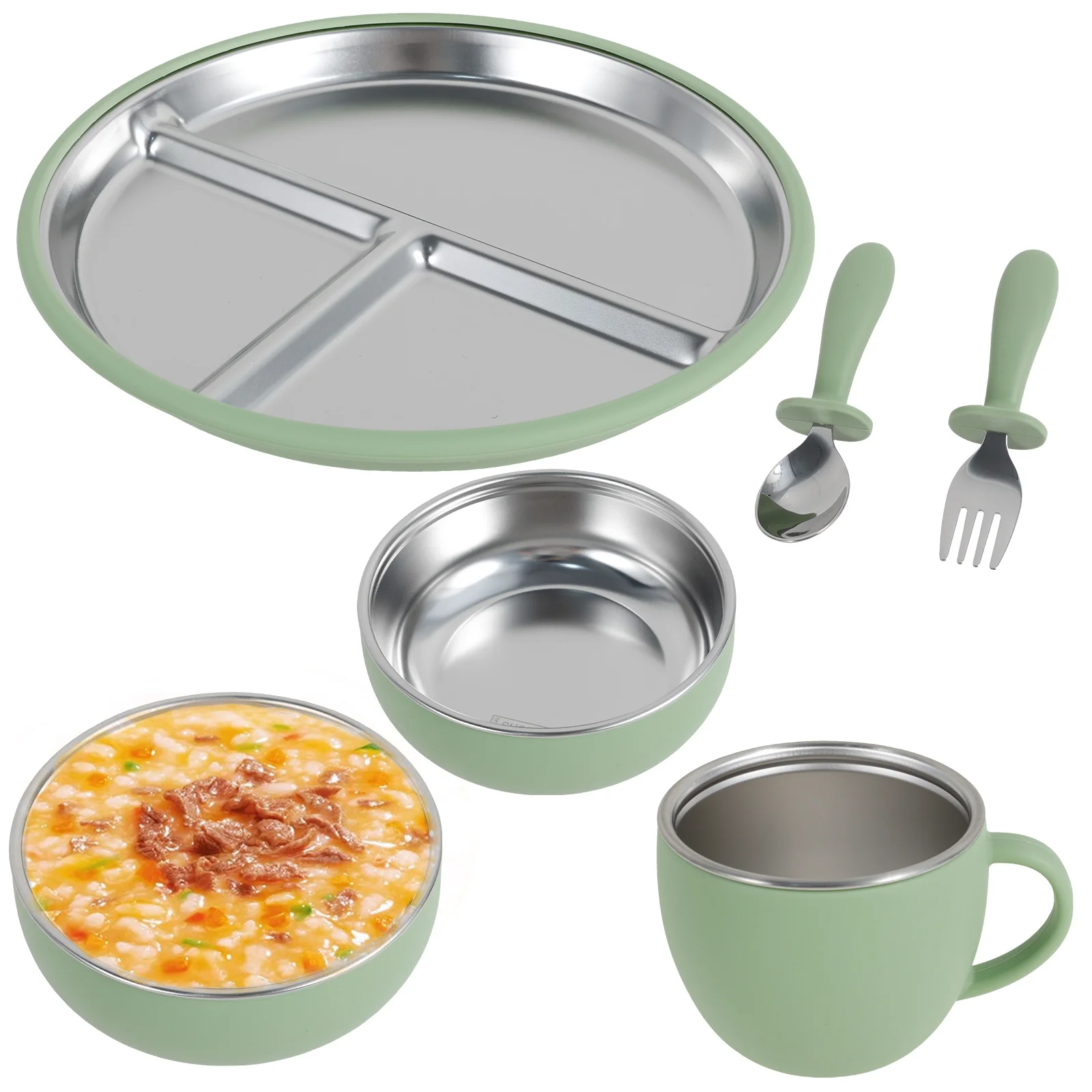 6 قطعة مجموعة أطباق الطفل سيليكون وعاء تغذية الطفل شفط لوحة كوب الفولاذ المقاوم للصدأ ملعقة شوكة للأطفال أدوات المائدة طفل أطباق #1