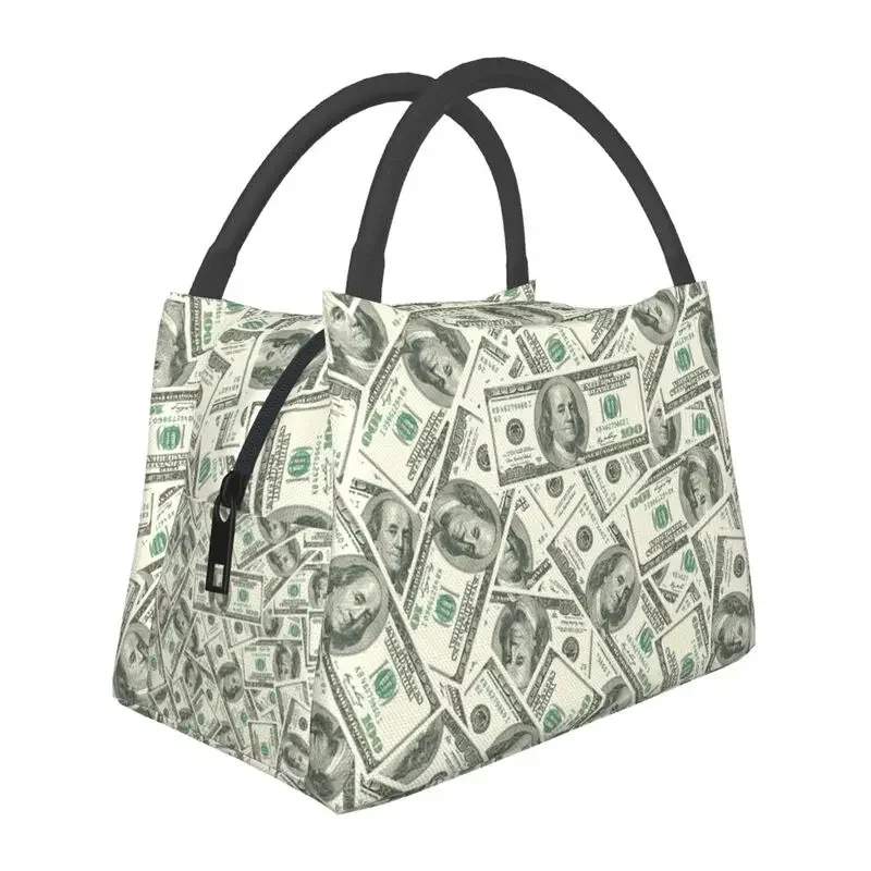 US American Dollar Bill Insulated Lunch Bags for Outdoor Picnic Banknotes Pattern Waterproof Thermal Cooler Lunch Box Women