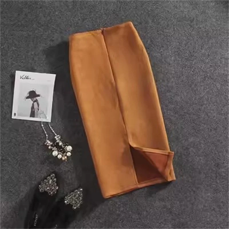 New Sexy Stretch Split Women Midi Long Suede Skirts Spring Autumn High Waist Pencil Skirt Female A-Line Bodycon Office Work Saia