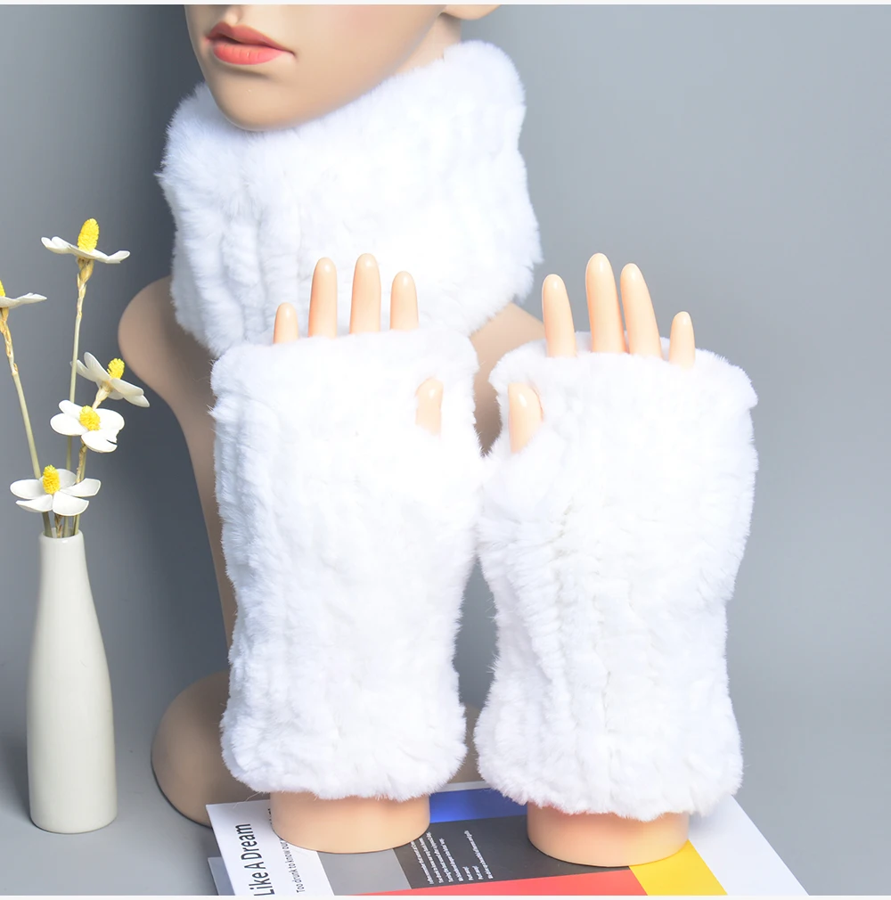 One Set Women Real Rex Rabbit Fur Cuff+Headband Winter Warmer Hat Arm Wrist Sleeve Gloves Female Real Fur Cap+Elastic Wristband