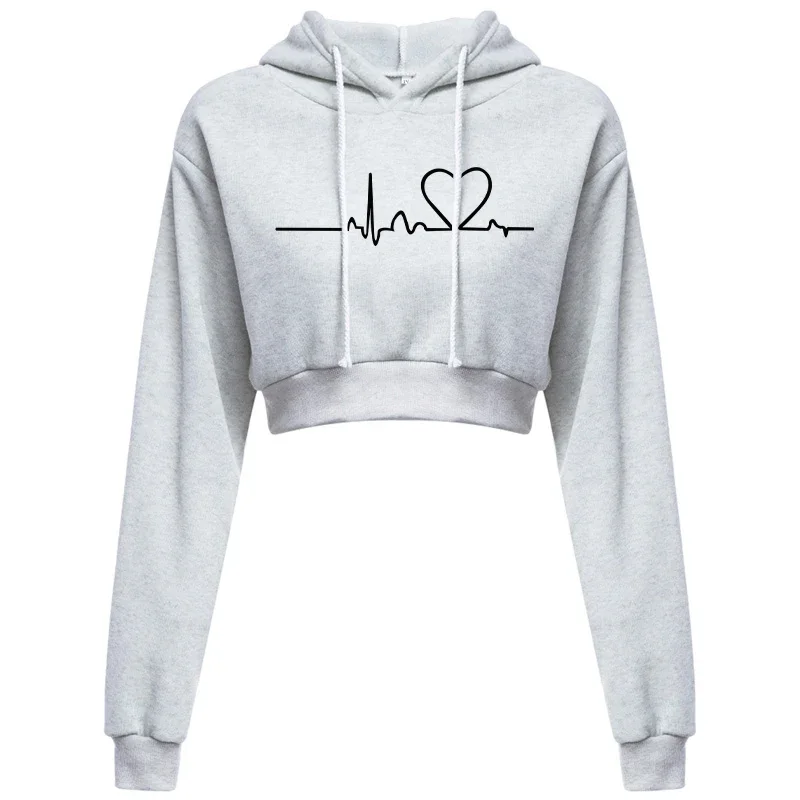 

Spring Autumn Women's Hooded Sweaters Fashion Ladies Hoodies Solid Color Long Sleeve ECG Prited Cropped Hooded Pullover