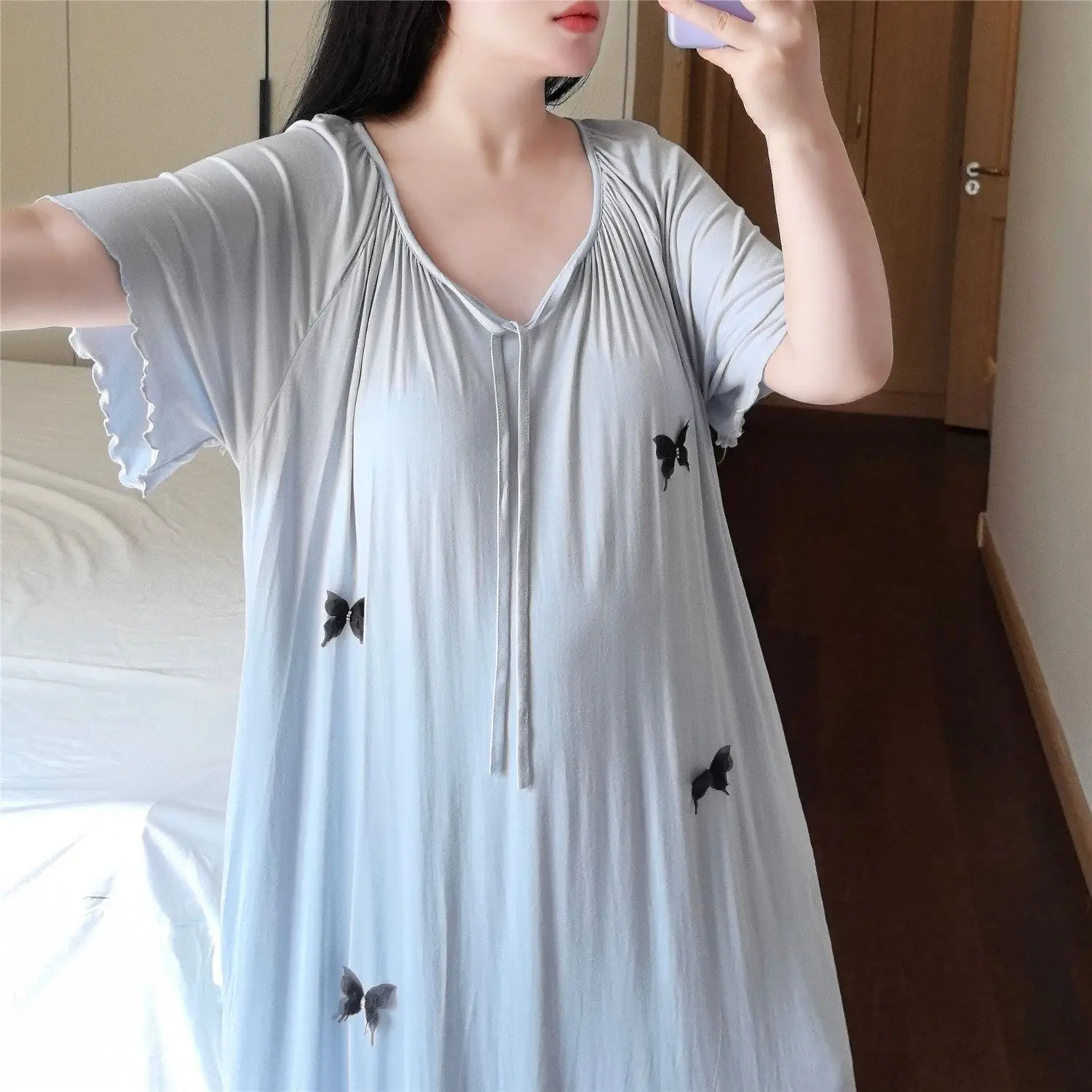Roupas de Casa Estilo Descontraído, Vestido de Dormir Tamanho Grande, Top de Verão Bordado com Cinto, Comprimento Médio para ...