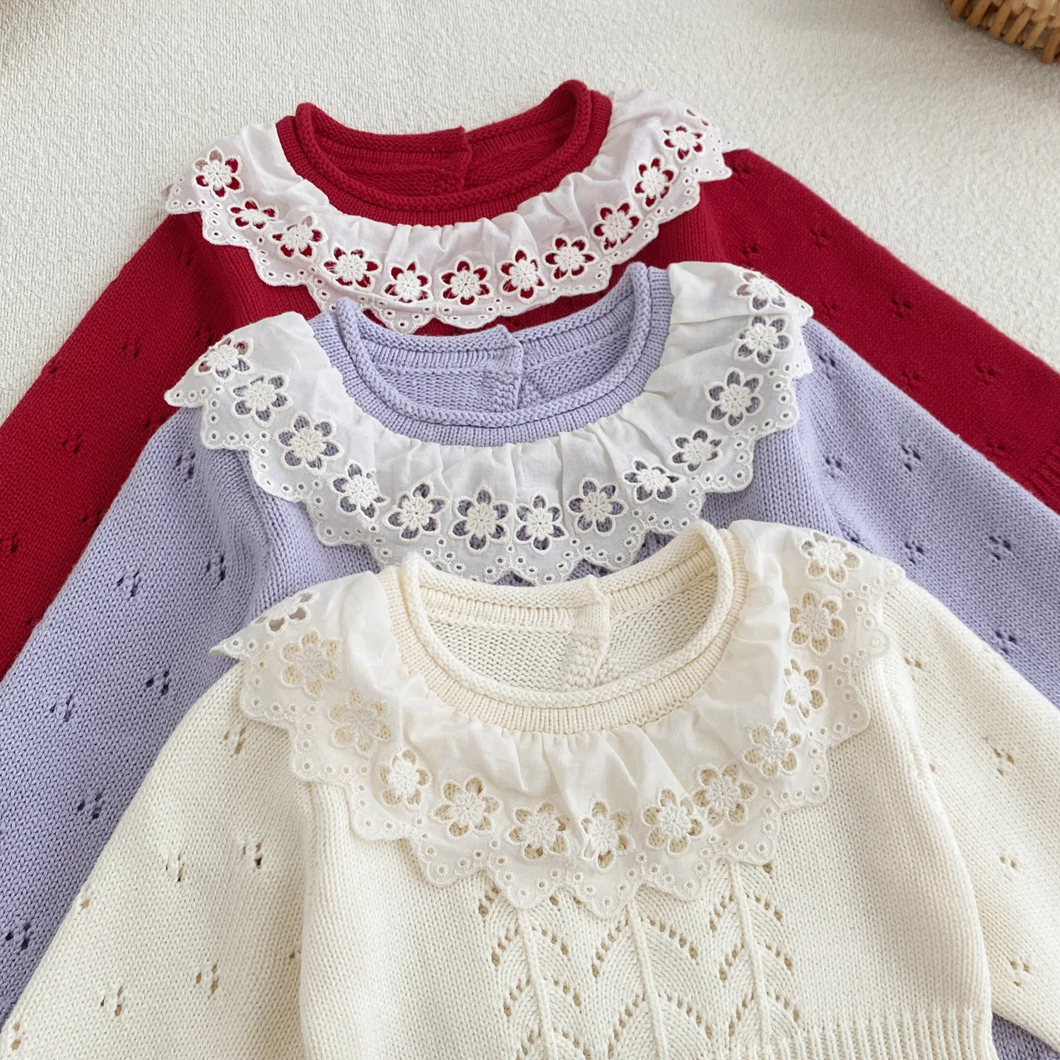 0-24M 100% Cotton Baby Girl Knit Romper Winter Lace Sweater Clothes Long Sleeve Knitwear Bodysuit Cute Outfit