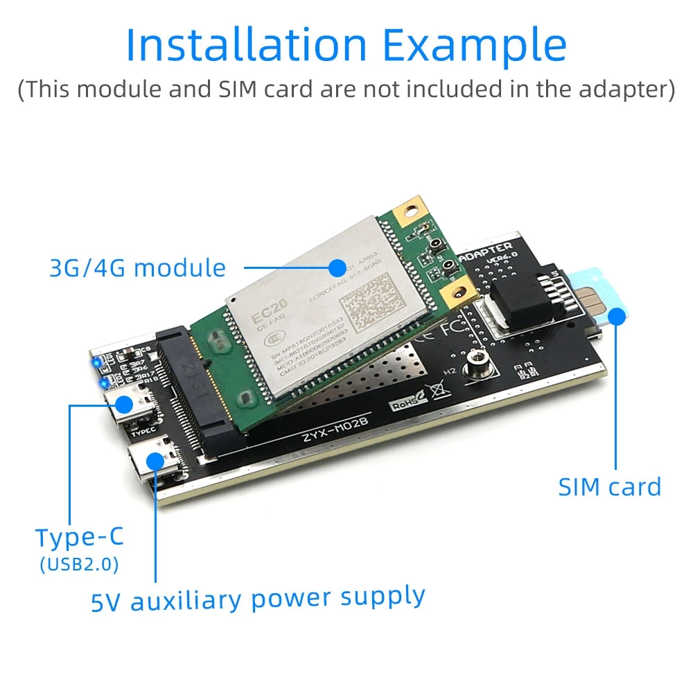 Mini PCI-E to USB 2.0(TYPE C) Adapter with SIM Card Slot and Auxiliary Power Interface for WWAN/LTE Module