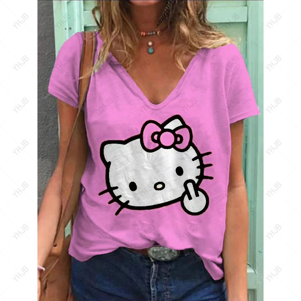 Fashion Women\'s T-shirt Hello Kitty Printed Short Sleeve Female Harajuku Tees Ladies T Shirt Oversized V-neck Tops Women Clothin