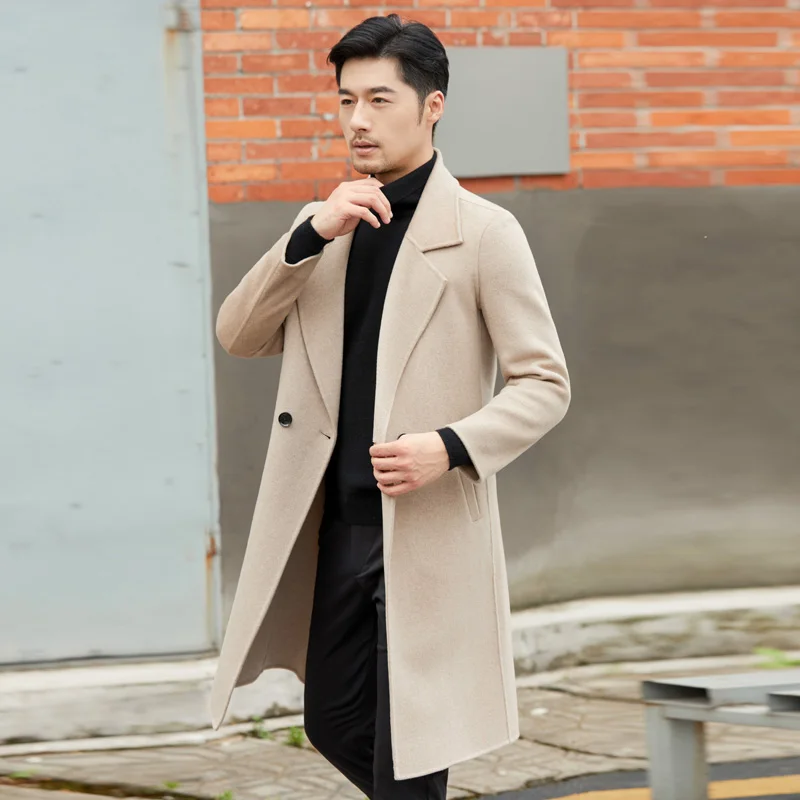High End Long Men\'s 100% Pure Wool Suit Woolen Cardigan Jacket Autumn/ Winter New Woolen Business Double-sided Cashmere Coat