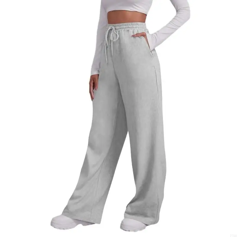 77HE レディース ワイドレッグ スウェットパンツ、プラスサイズ、ルーズ フィット、ドローストリング、ハイウエスト、カジュアル ラウンジウェア。