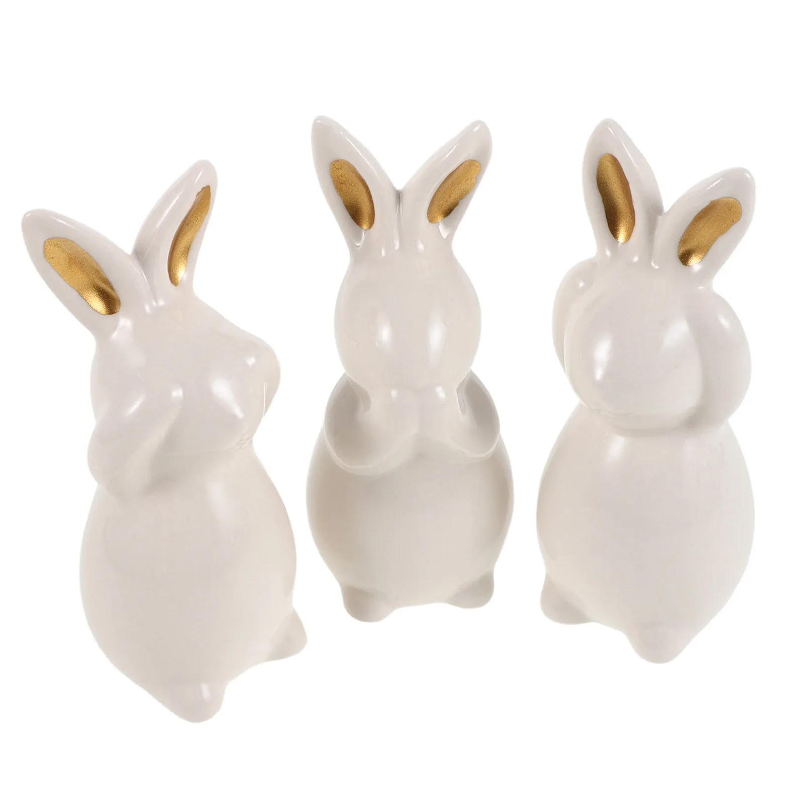 3Pcs Ceramic Bunny Statue Decoration Set Adorable No Hear Speak See Rabbits Desktop Easter Ornament Tabletop Home Decor