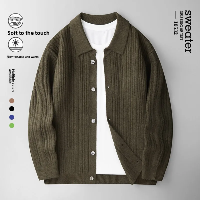 

Spring Quali Luxury Casual Knitted Sweater Cardigan Men's Faionable Versatile Long Sve Flip Collar Warm Breathable Top