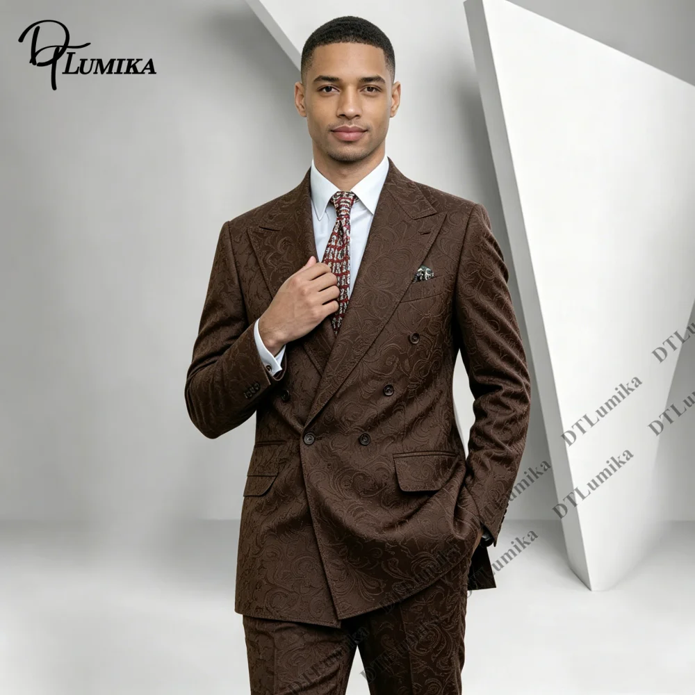 DTLumika Vintage Embossed Double Breasted Men 2 Piece Suit Set Including Jacket Trousers Business Banquet Wedding Retro Tuxedo