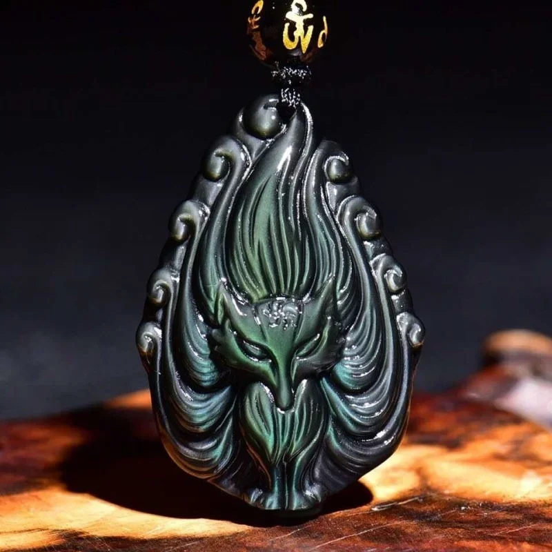 

Natural Chinese Rainbow Eye Obsidian Hand Carved Nine Tail Fox Pendant Fashion Jewelry Men and Women Necklace Popular Gift