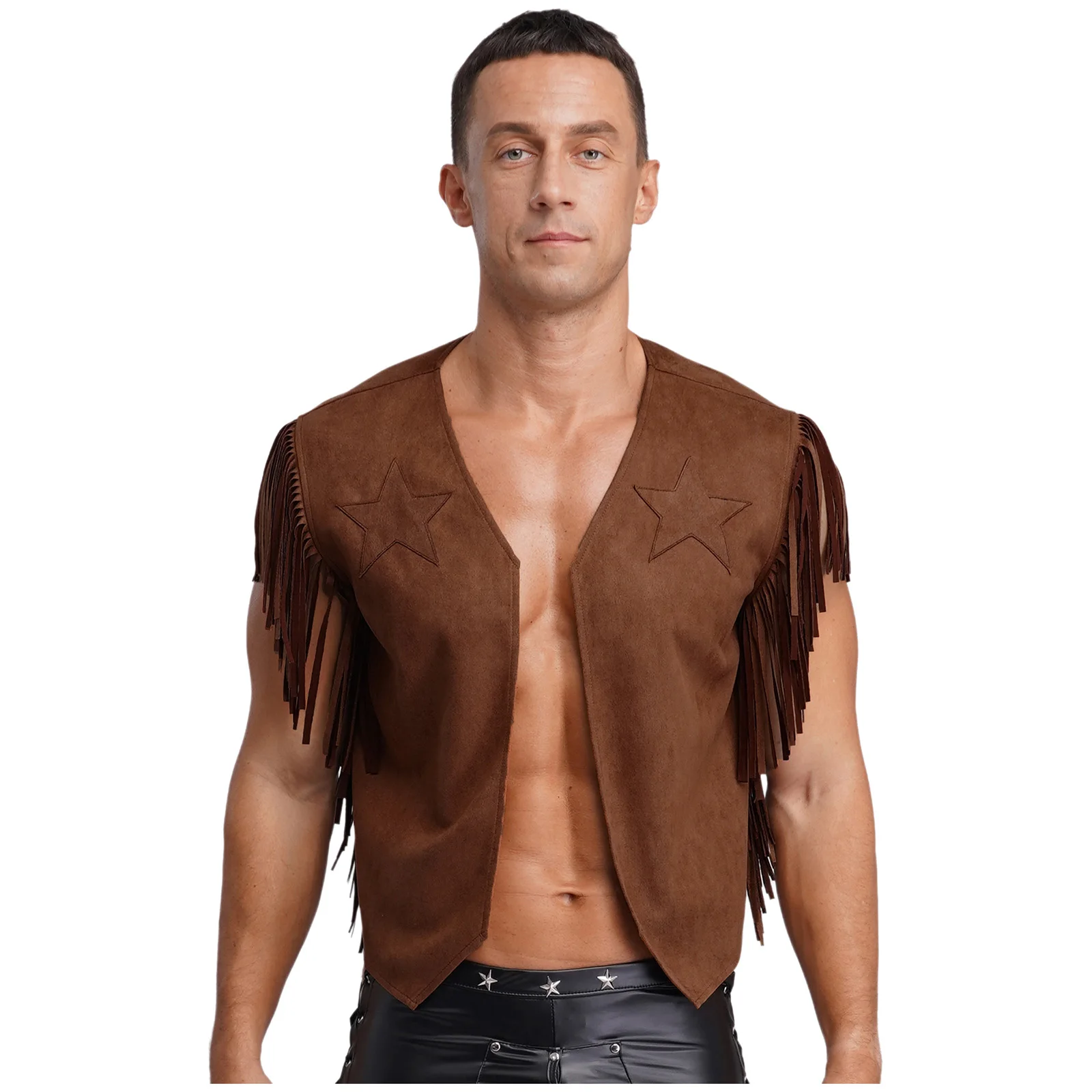 

Men Folkloric Vintage Cowboy Cosplay Tassel Vests Coats Halloween Vintage Cowboy Hippies Disco Dance Tassel Faux Suede Waistcoat