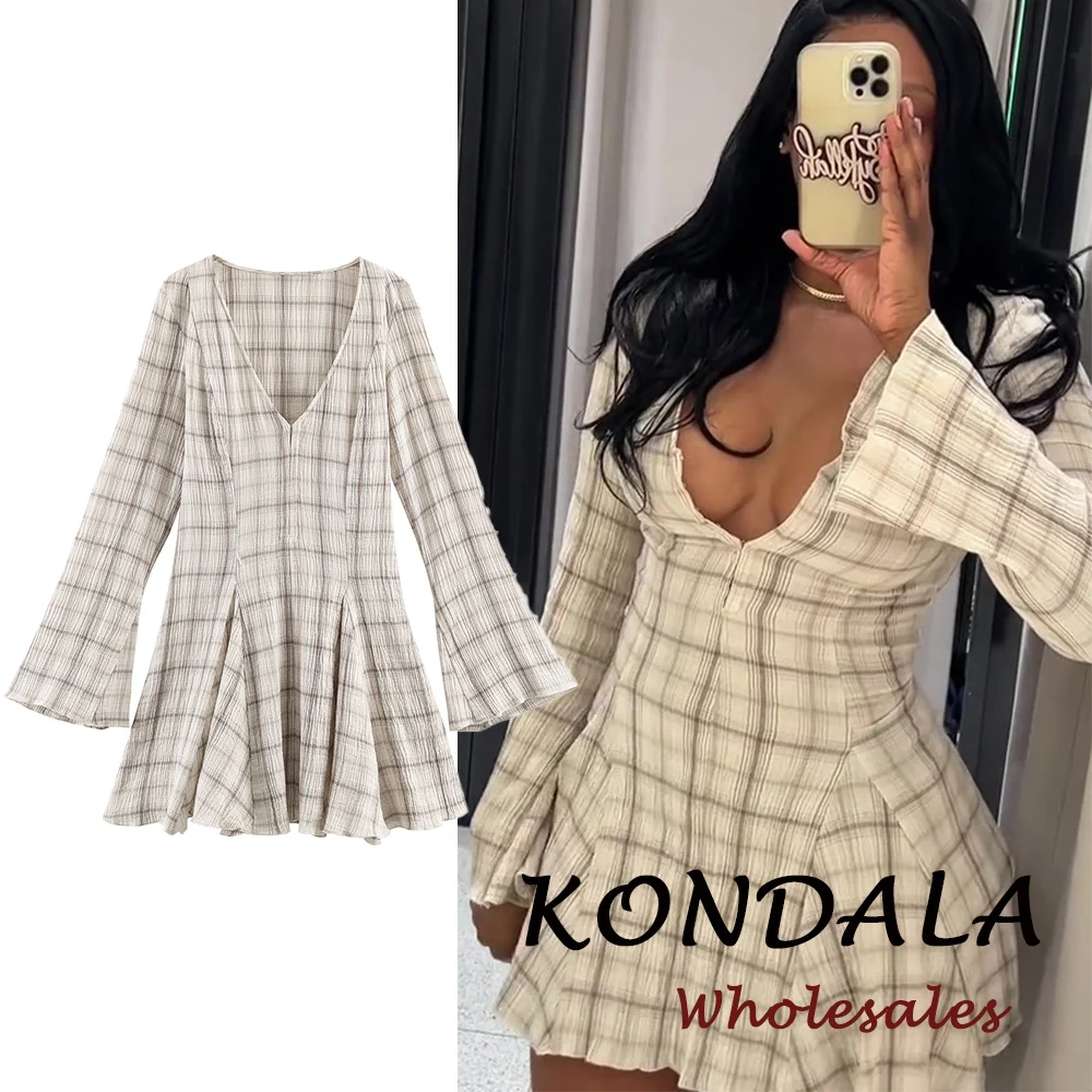 KONDALA Schickes Kariertes Modekleid 2026 Elegantes Damen-Minikleid Frühling V-Ausschnitt Reißverschluss-Kleid Langarm Plissiert Modern Lässig Vestidos