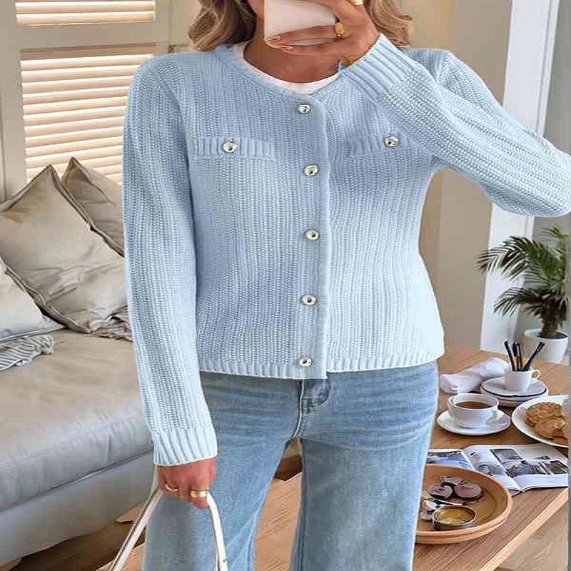 

Women Knit Cardigan Sweaters Early Fall Long Sleeve Open Front Button Down Trendy Casual Cropped Jacket