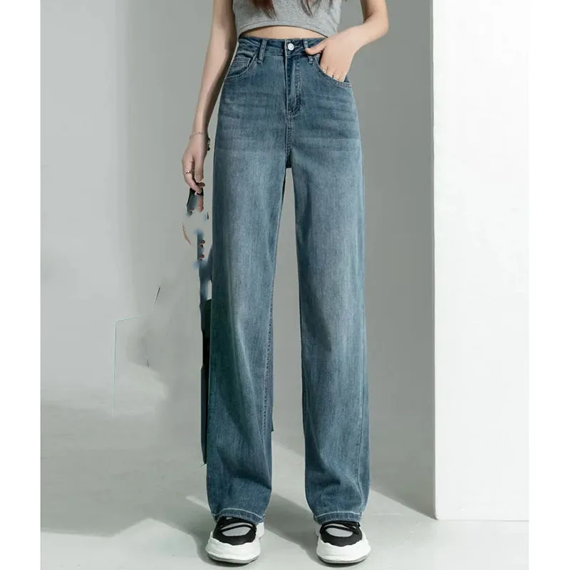 

Retro Style Women Straight And High Waisted Wide Legs Cowboy Trousers Spring Female Loose Fitting Draping Floor Mop Denim Pants