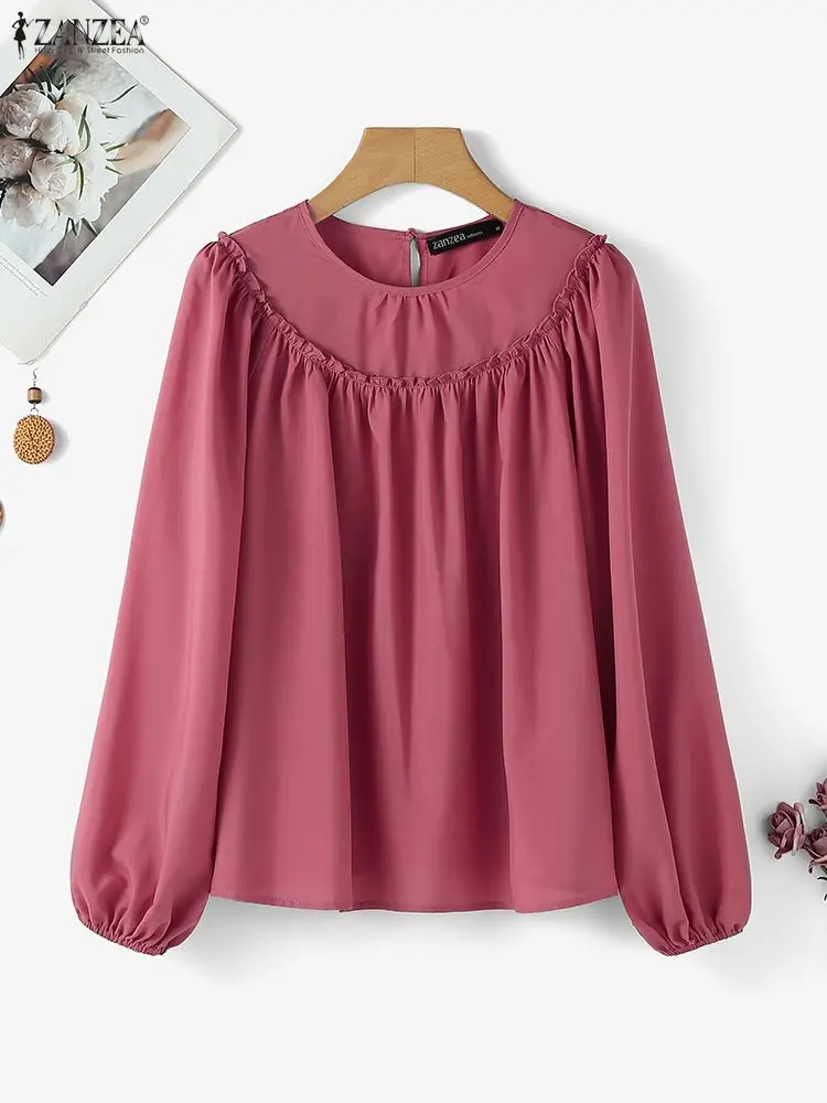 ZANZEA Camicie moda Donna Manica lanterna Camicette solide Manica lunga Increspato Autunno Top Chiffon Elegante Ufficio Casual Blusas