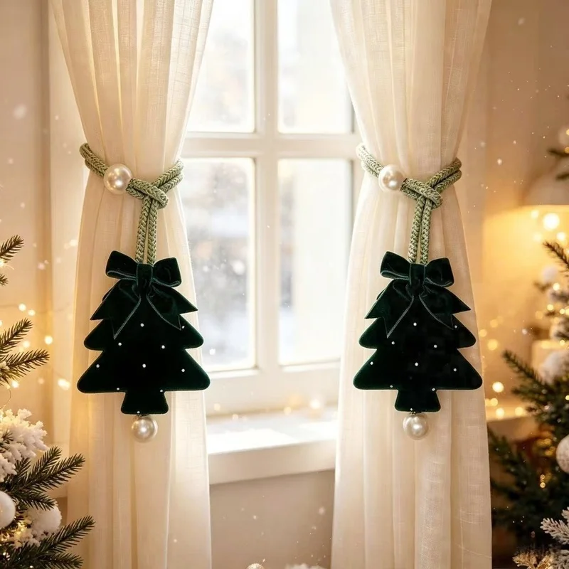 1/2pcs Christmas Tree Curtain Holder Velvet Xmas Tree Curtain Tieback with Bowknot Pearl Rope Curtain Buckle for Home Decor Gift