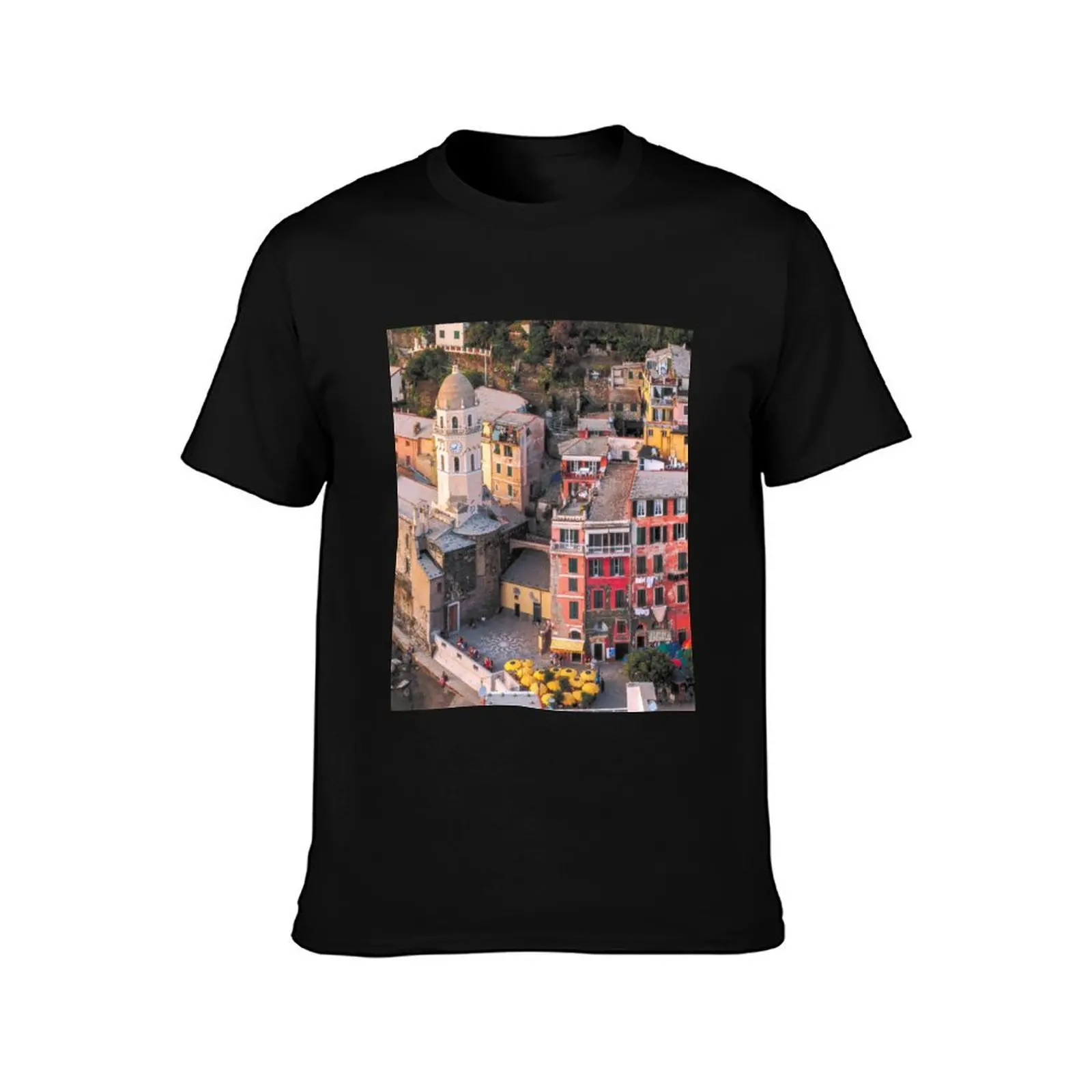 Pink orange red Cinque Terre Italy colourful houses T-Shirt Casual Everyday Wear T-Shirt