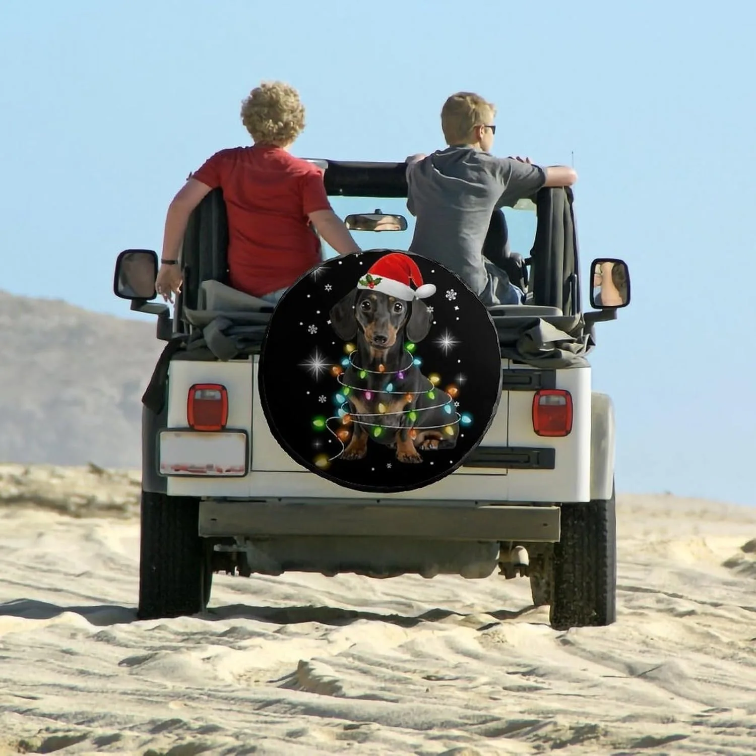 Gorro navideño de perro salchicha, cubierta de neumático de repuesto, protectores de ruedas, cubiertas de rueda resistentes a la intemperie, ajuste Universal para coche y camión, 1 ud.