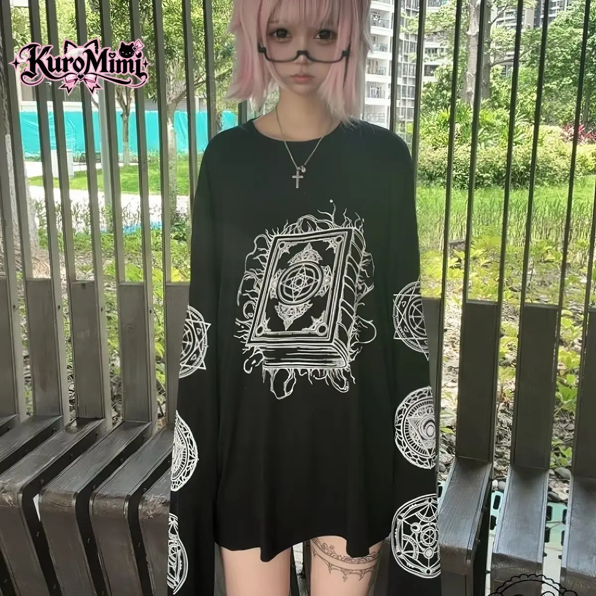 Gothic Subculture Harajuku Kawaii Long Sleeve T Shirt Women Pentagram Magic Book Print Oversized Loose Fit Casual Streetwear Top