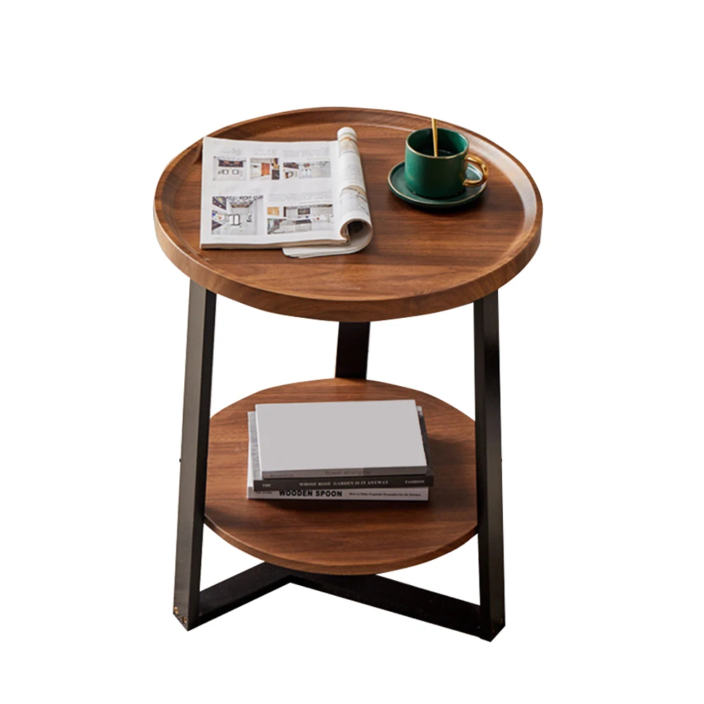Round End Table, 19.69IN Wood Tabletop & Black Metal Frame, 2-Tier Side Table for Living Room, Bedroom