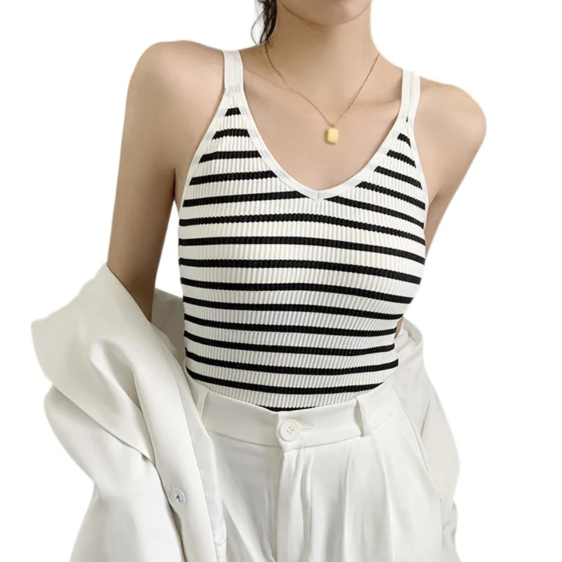 Women' V Neck Striped Slimming Camisole With Chest Pad Fashion Sleeveless Temperament Casual Tank Top With Built In Bra