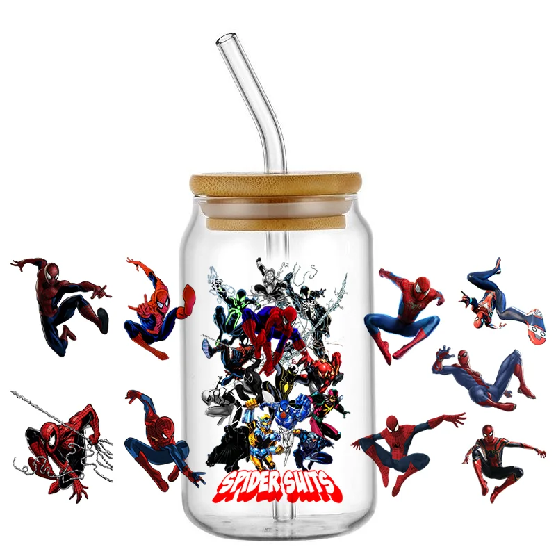 Miniso تصميم جديد الرجل العنكبوت أبطال السوبر UV DTF ملصق مائي ل 16 أوقية Libbey الزجاج يمكن كوب uvdtf القهوة سيارة ثلاثية الأبعاد ملصق DIY بها بنفسك