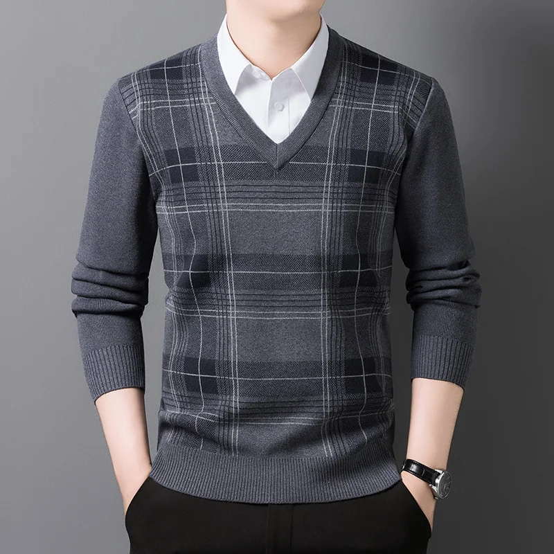 Middle Aged Men Thickened V Neck Plaid Casual Versatile Knitted Sweater Warm Base Layer Autumn Winter New Style Top