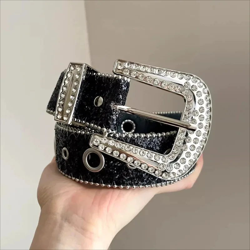 Y2K Full Rhinestone Belts For Women Men Fashion Diamond Hip Hop PU Metal Buckle Pin Waist Belt Leisure Dress Jean Wild Waistband
