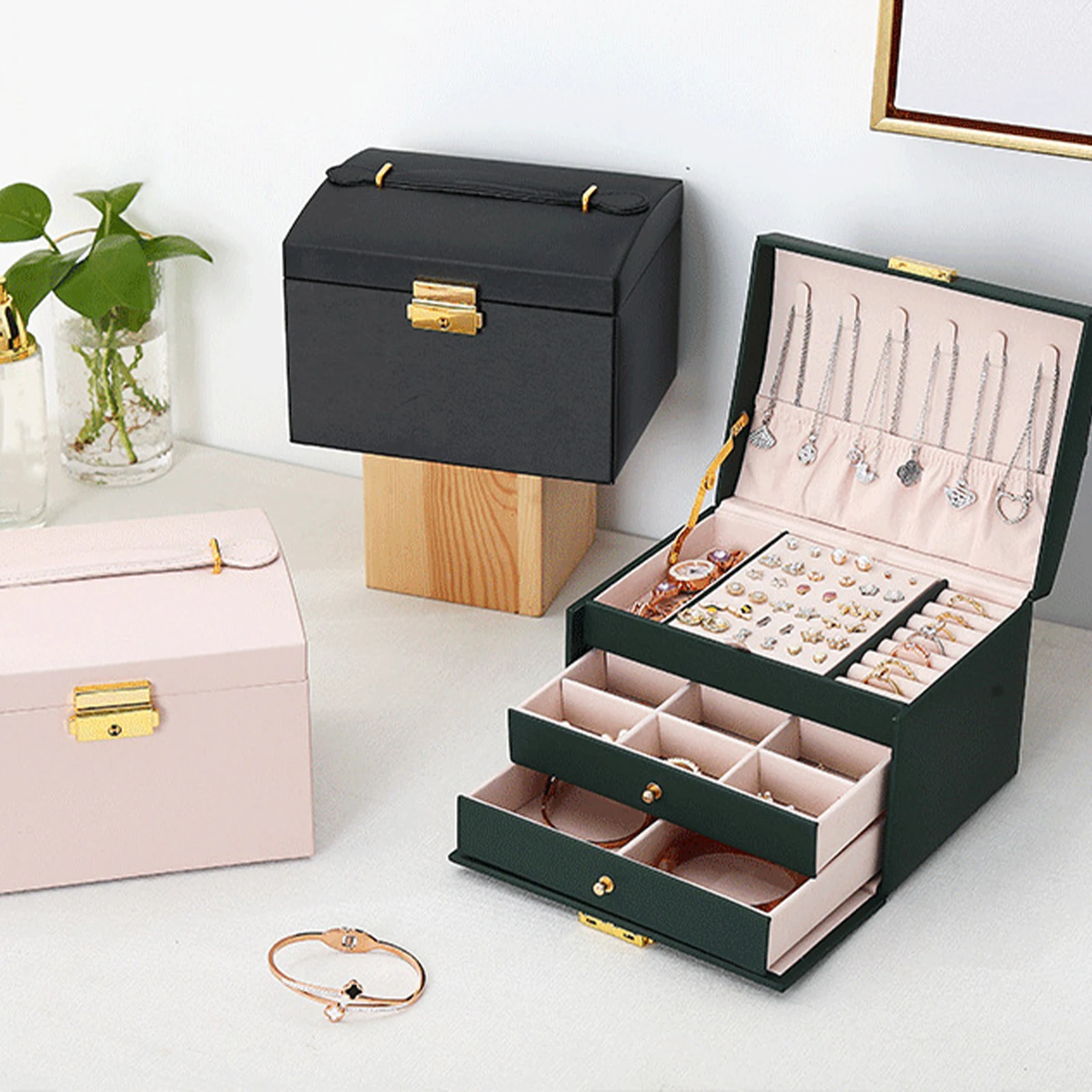 1Pc Multi Functional Jewelry Box 3 Layer Waterproof Fabric Drawer Style Storage Boxes Ring Earrings Lock Jewelry Organizer Boxes