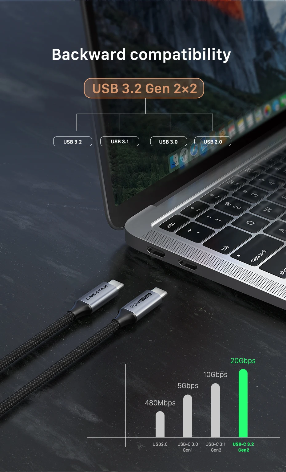 CABLETIME USB-C-Kabel PD100W Schnellladekabel Gen 2 20Gbps 4K 60Hz USB-C 3.2 Kabel für Laptop Macbook Pro Dell iPhone Kabel – Detail 3