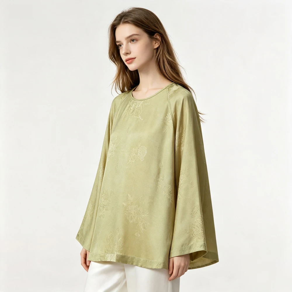2026 Women's Casual Autumn New 100% Natural Mulberry Silk Jacquard Satin Simple Round Neck Long Sleeve Yellow Green T-shirt
