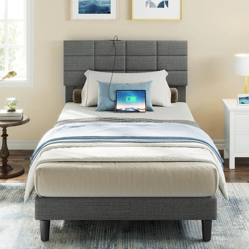 

Charging Station, Upholstered Bed with Heavy Duty Wood Slats, Noise Free, Easy Assembly, No Box Spring Needed, Dark Grey