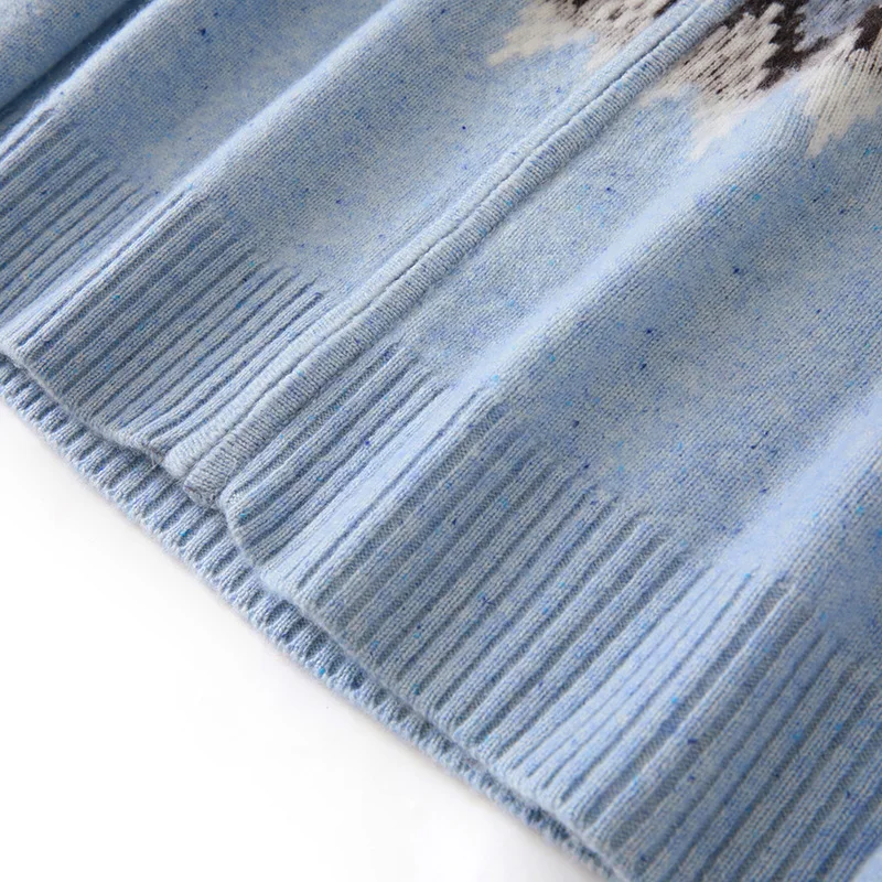 Blue Fair Isle Jacquard Women's Cardigan Round Neck Thickened 100% Cashmere Sweater Knitted Loose Zipper Sweater Coat