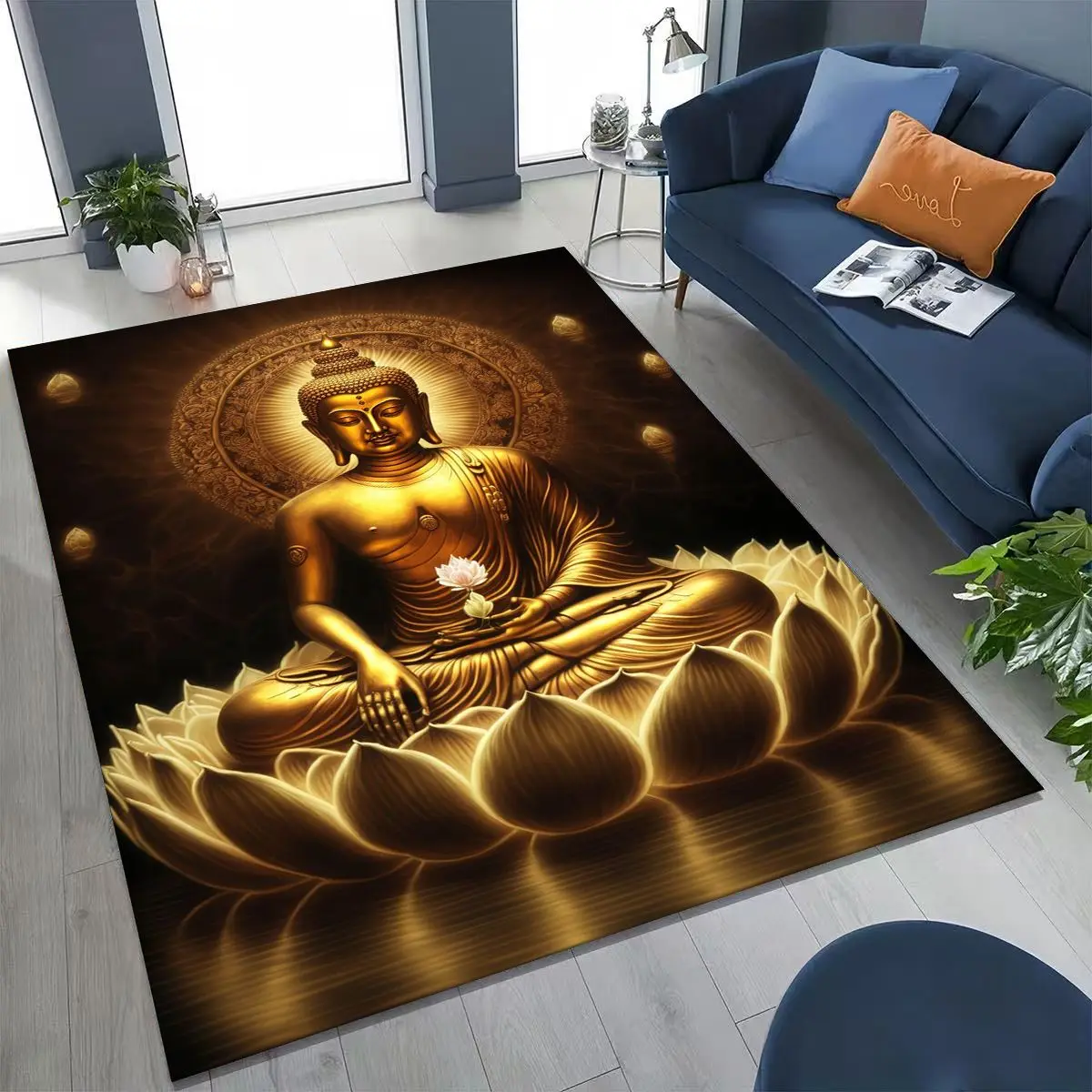 Faith Solemn Buddha Sakyamuni Flower Rug for Bedroom Living Room Sofa Home Doormat Decor,Large Kids Play Non-slip Floor Mat Gift