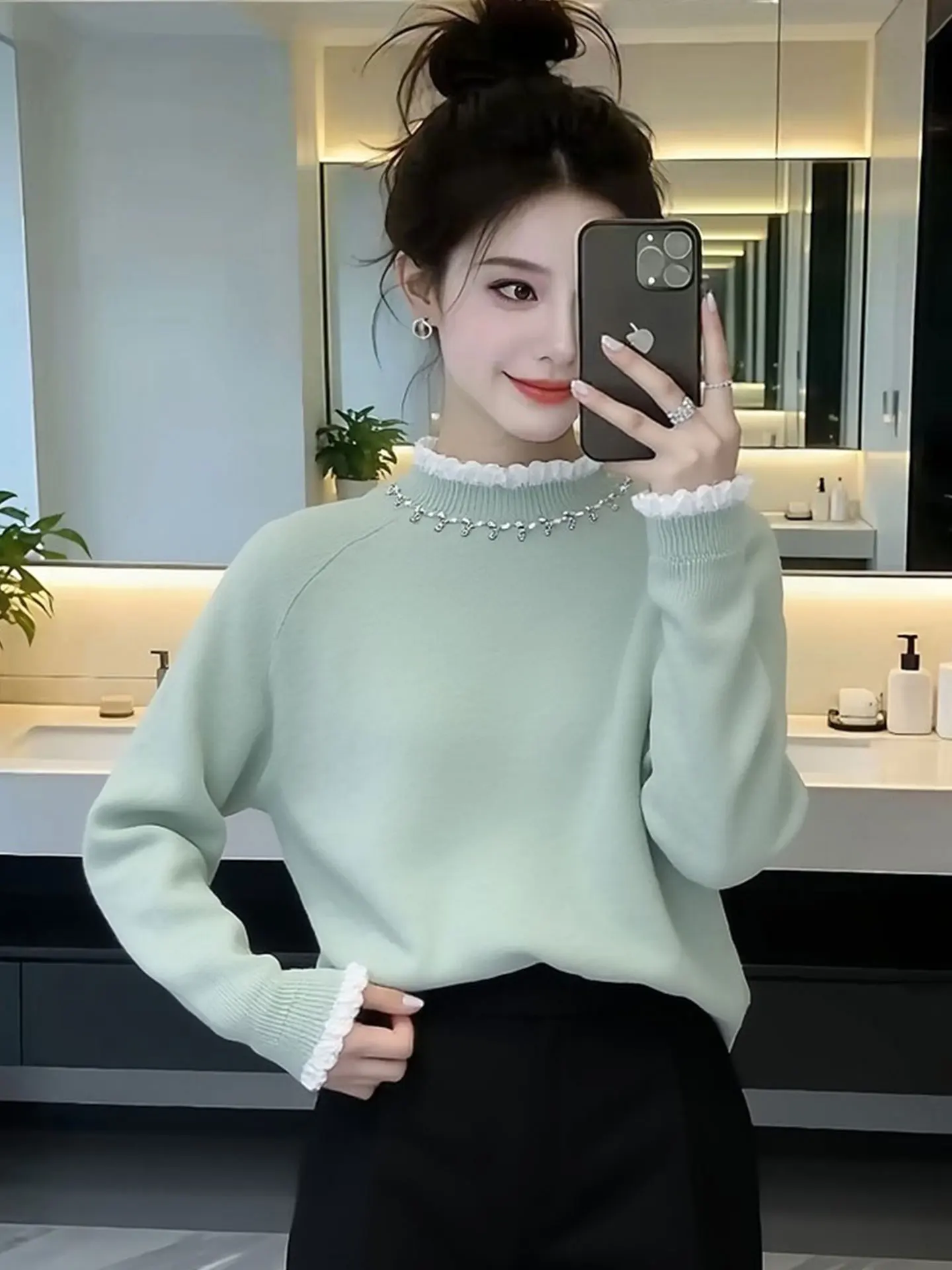

Ele Long Sve Knitted Sweater Beaded Heavy Work Faionable Spring 2026 Top Women's Korean Sle Commute Warmth