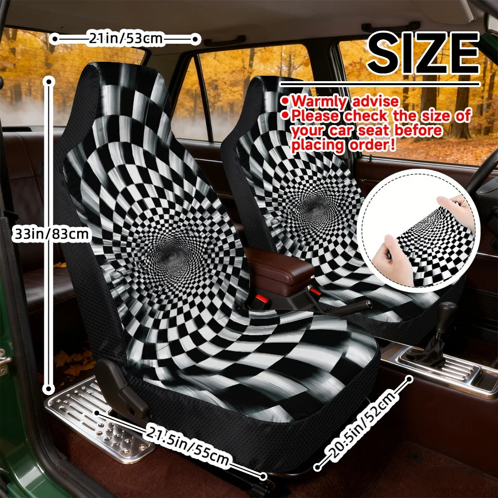 2D Flat Printing, 2pcs Checkerboard Spiral Illusion Pattern Car Seat Covers, Universal Fit, Comfortable Car Seat Covers, Easy In
