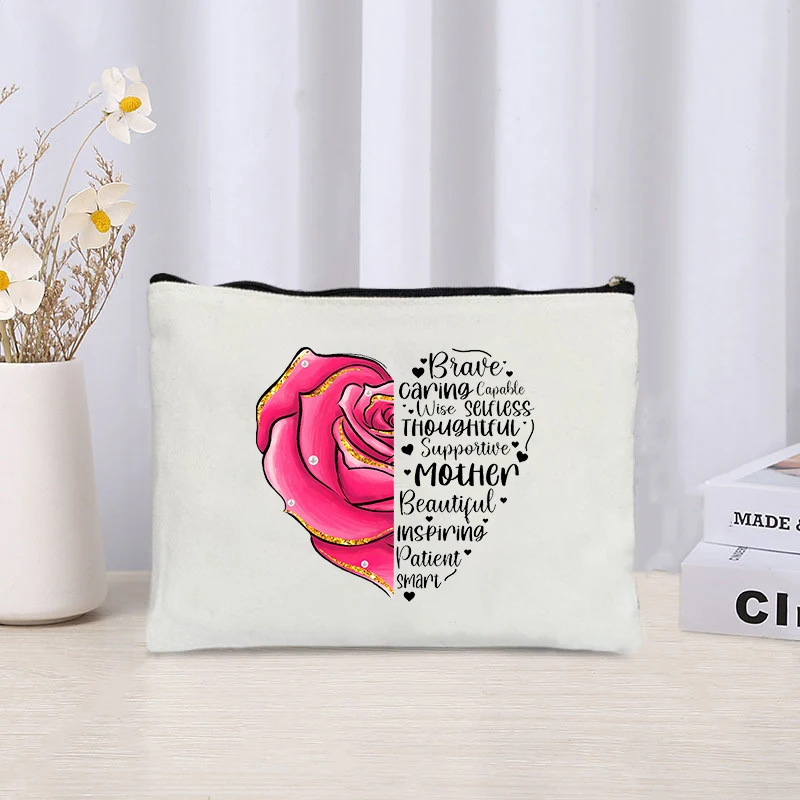 Mama Flower Print Cosmetic Bag Organizer New Canvas Zipper Storage Case Travel Perfume Lipstick Pouch Make Up Bags Gift for Mom