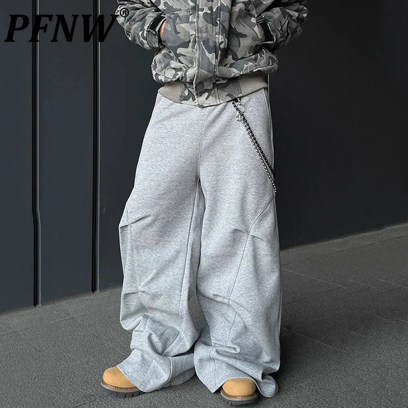 PFNW New Autumn Men's Casual Sweatpants Pleated Solid Color Elastic Waist Droop Straightt Bottom Wide Leg Male Trousers 12C1953