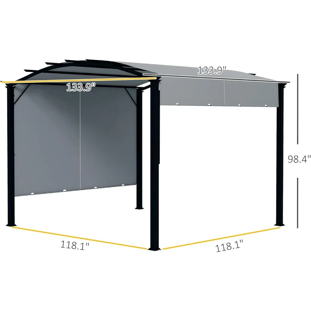 11' x 11' buiten intrekbaar, gebogen zonnescherm, metalen frame terrasluifel voor achtertuin, tuin, veranda, strand, grijs