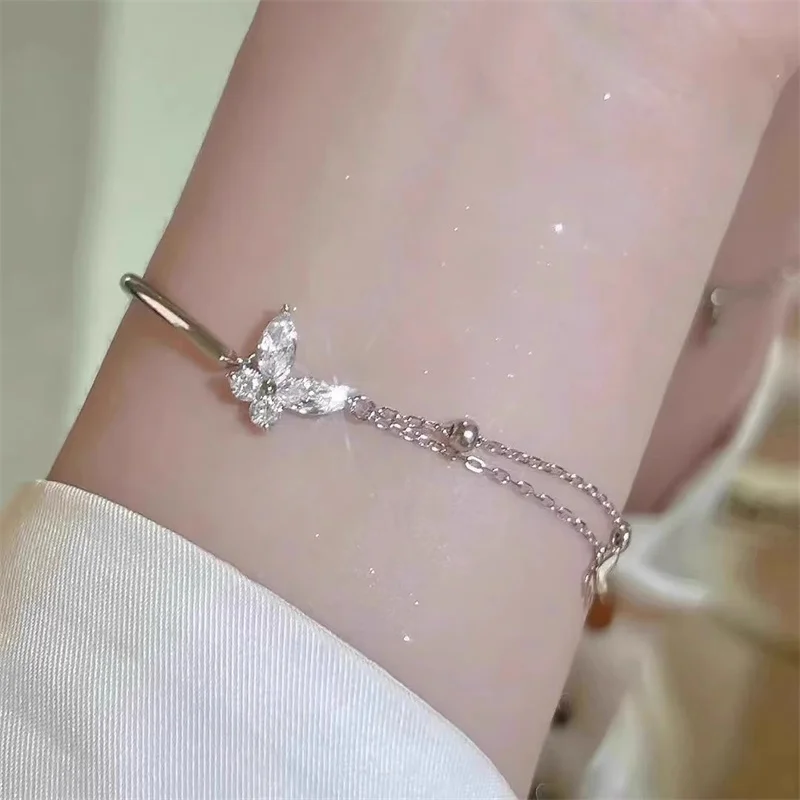 Elegant Sweet Butterly Bracelet For Lady Hand Accessories With Shiny Stone Trendy Silver 925 Bangle Women Jewelry