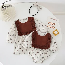 Spring Autumn Girls Printed Floral Rompers Children Girls Long Sleeves Dress Korean Style Baby Girls Sister Clothes