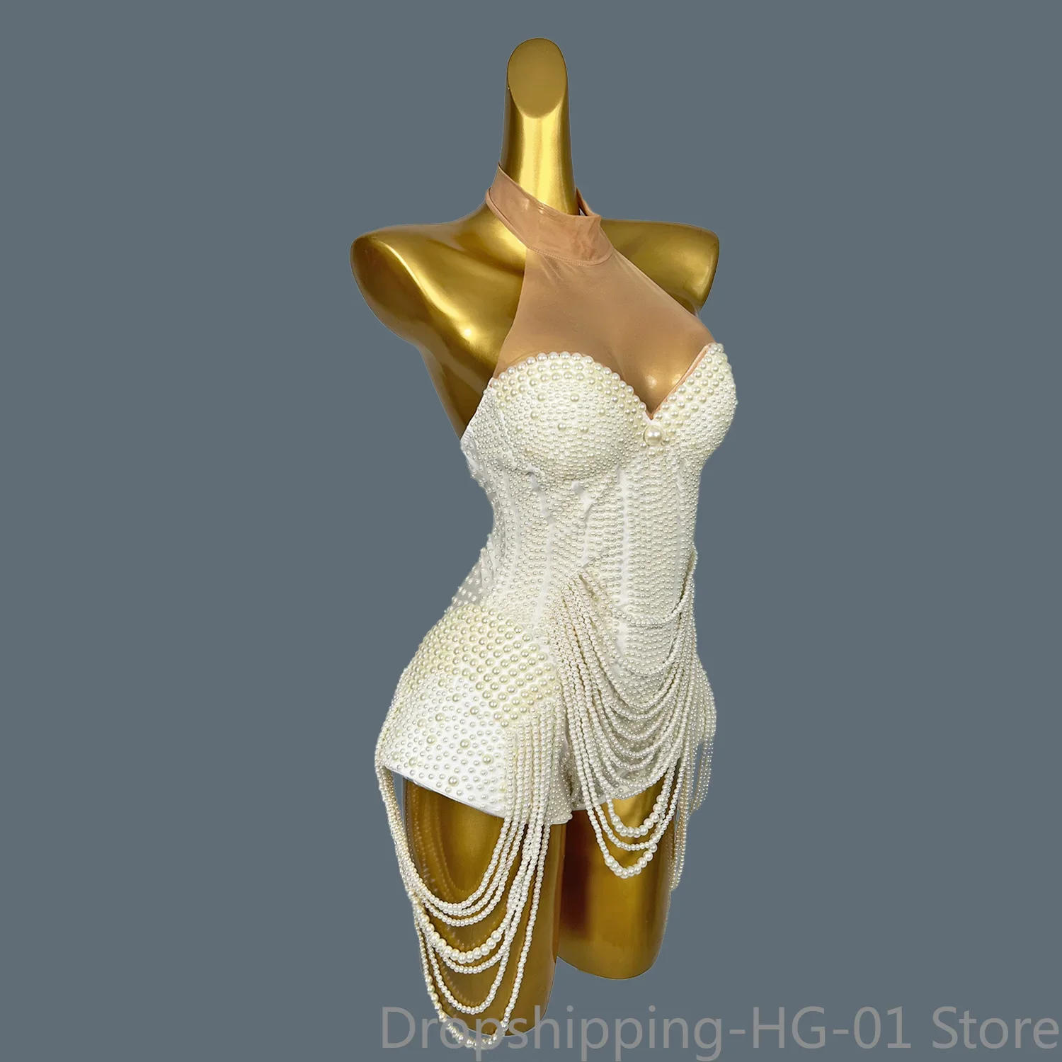 Women Singer Clothes White Pearls Bodysuit Jazz Dance Outfit Evening Stage Show Costume Prom Birthday Dress Baizhugaocha