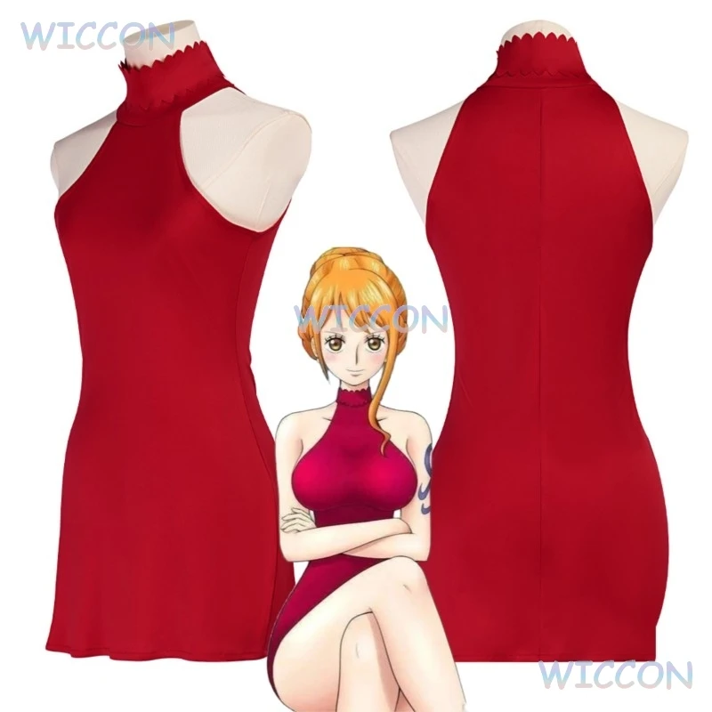 1pc Cosplay Nami Cosplay Red Dress Women Sexy Tight Dress Summer Beach Dress Halloween Party Roleplay