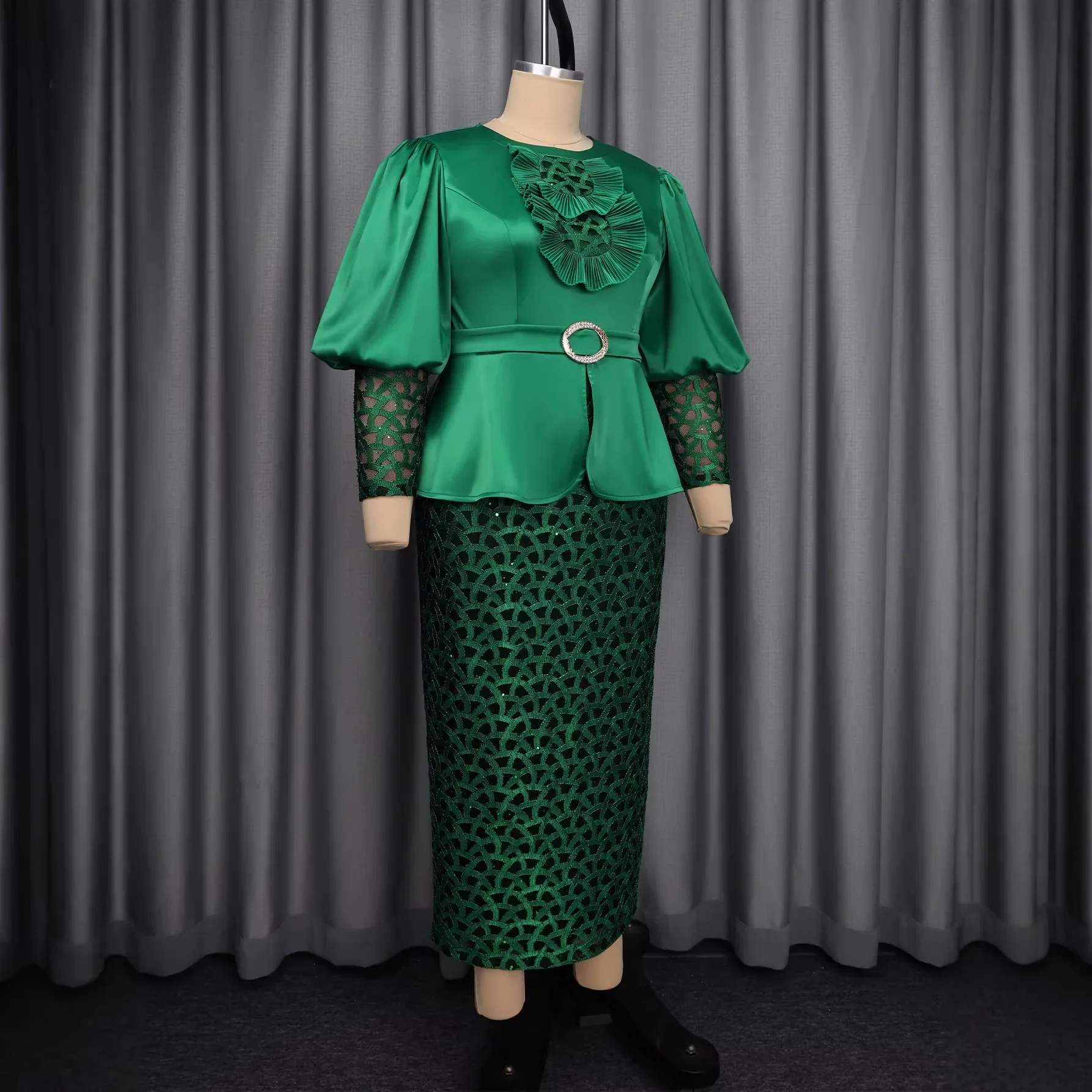 Africa Clothing Women Dresses O Neck Satin Patchwork Sequin Lace Puff Sleeves Peplum Belt Formal Events Special Occasions
