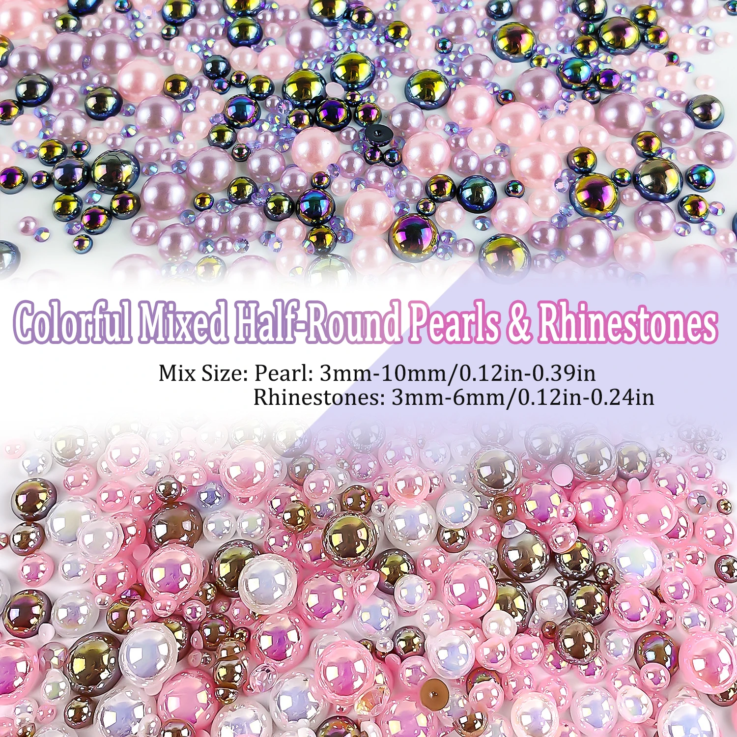 1100 Stück Perlen und Strass steine mit flachem Rücken, 30g gemischte Größe 3mm-10mm ab Farbe Harz Strass halbkreis förmige Perle – Detail 1