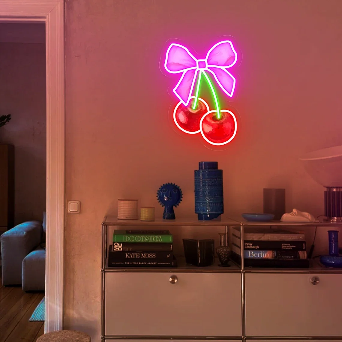 Coquette Cherry Bow Neon Sign Cherry sign Feminine Coquette Pink Bow Soft Girl Bedroom Decor Ribbon Trendy Wall Art